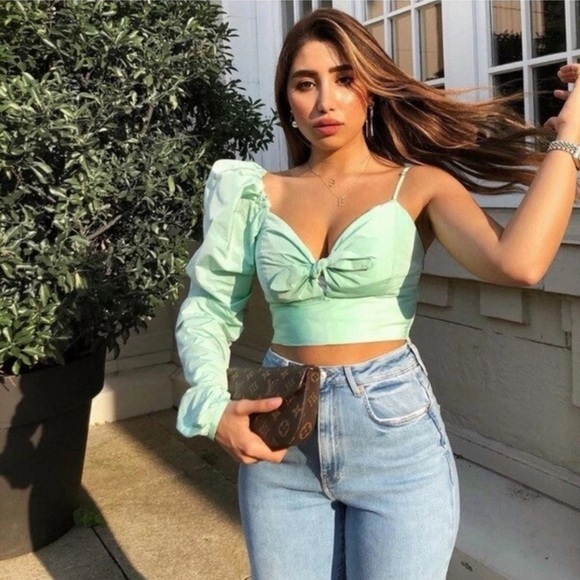 ZARA NEW LIMITED EDITION MINT PUFF SLEEVE ASYMMETRIC TOP SHIRT - Picture 14 of 15